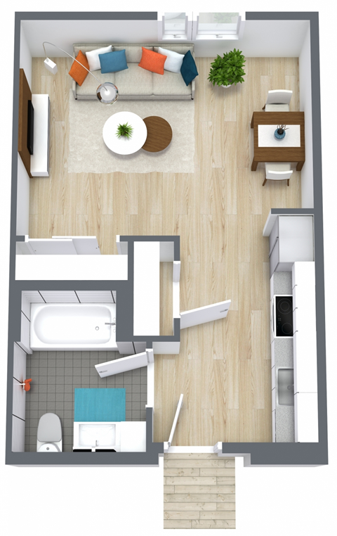 A top-down view of a living room, kitchen, and bathroom.